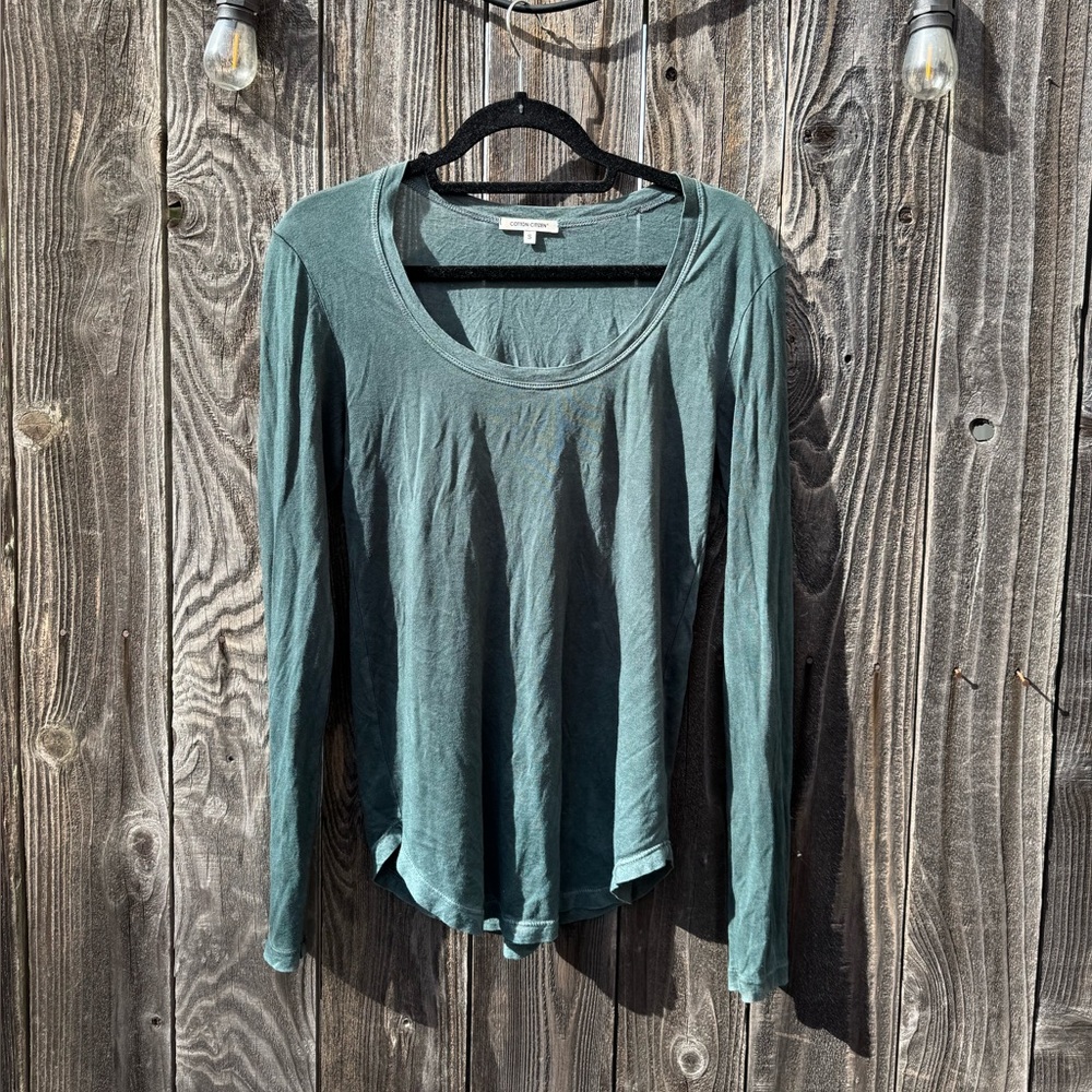 Cotton Citizen Jade Green Long Sleeve Scoop Neck Basic Tee Shirt Size Small